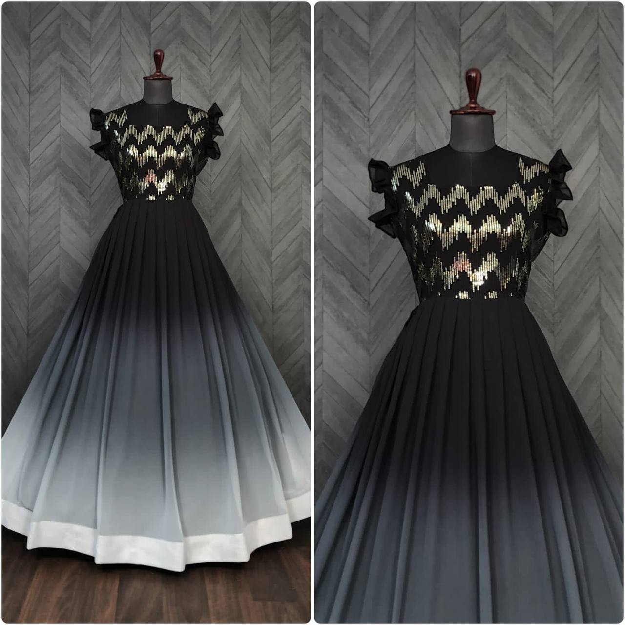 Black Color Shaded Sequence Embroidered Work Gown