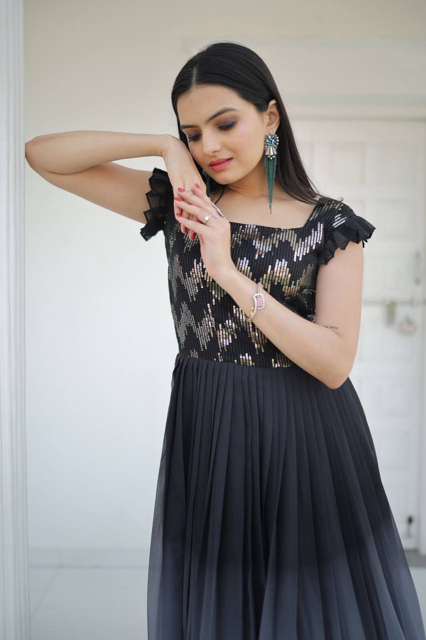 Black Color Shaded Sequence Embroidered Work Gown