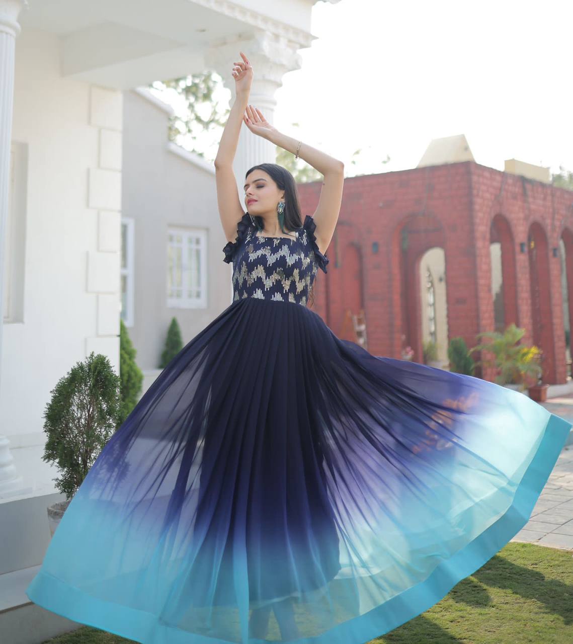 Blue Color Shaded Sequence Embroidered Work Gown