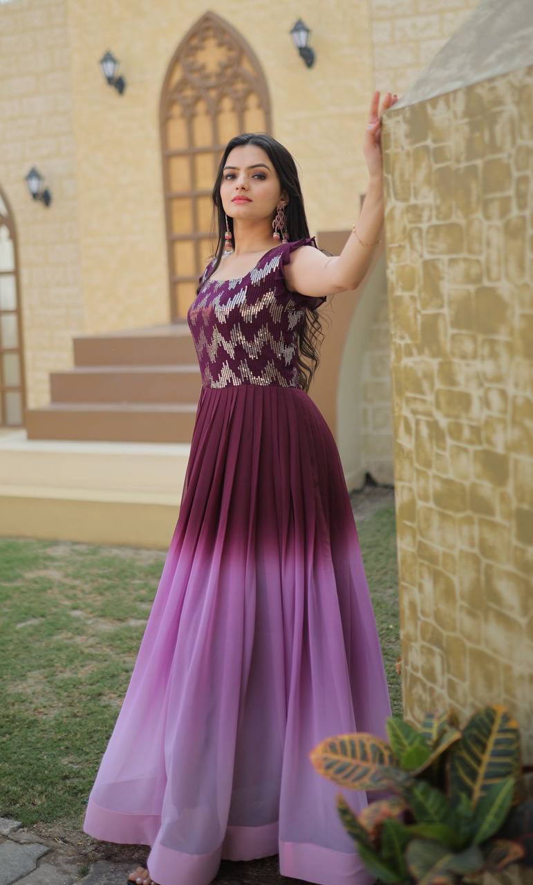 Wine Color Shaded Sequence Embroidered Work Gown