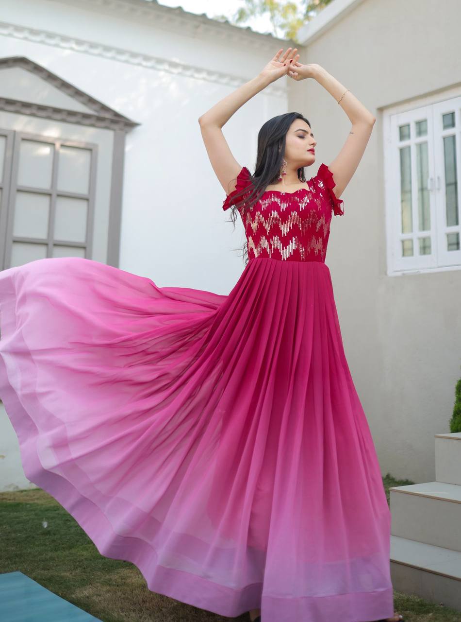 Pink Color Shaded Sequence Embroidered Work Gown