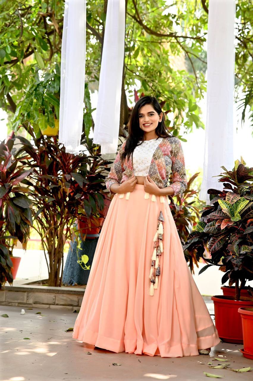 Good Looking Peach Color Lehenga Choli With Koti