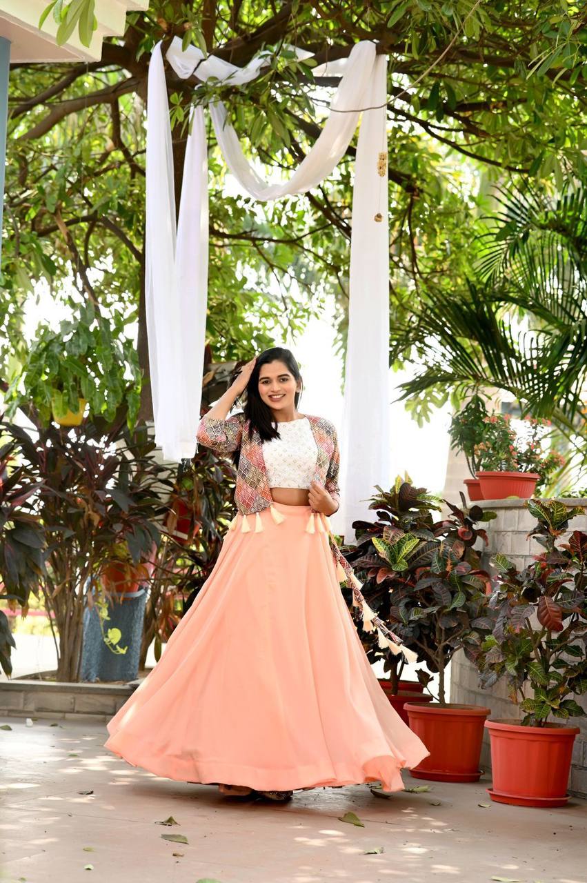 Good Looking Peach Color Lehenga Choli With Koti