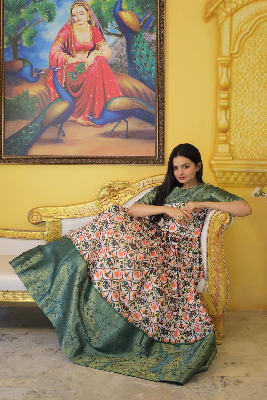 Patola Print Jacquard Weaving Work Green Color Gown