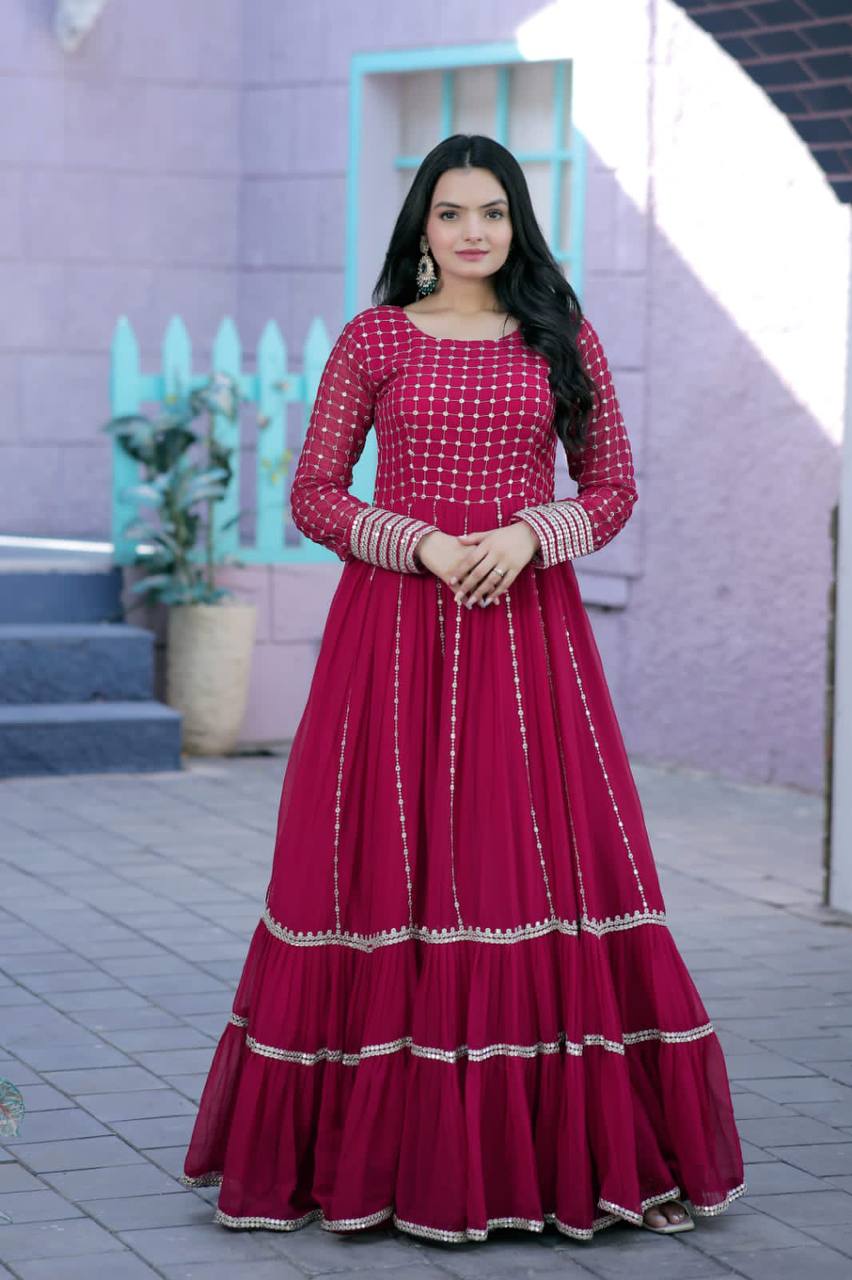 Demanding Pink Color Embroidered Work Gown
