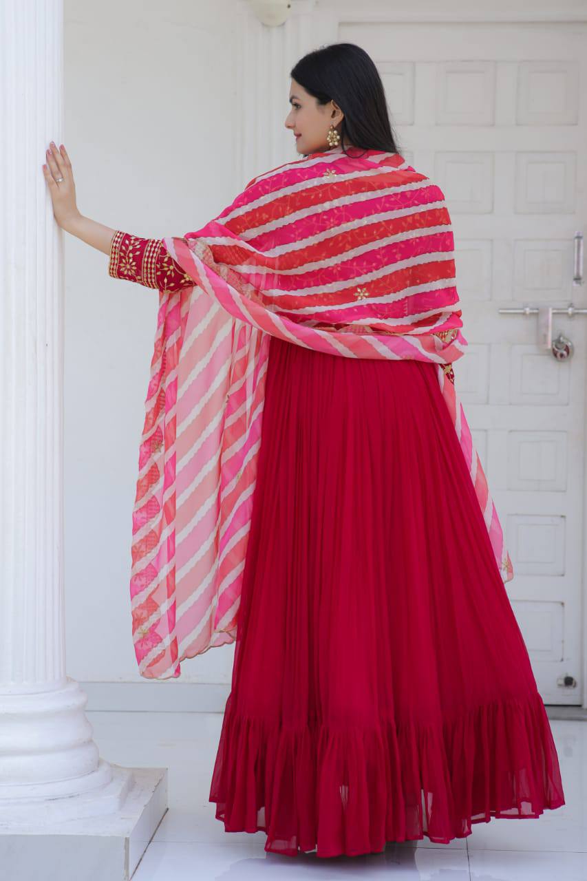 Embroidered Pink Gown With Leheriya Print Dupatta