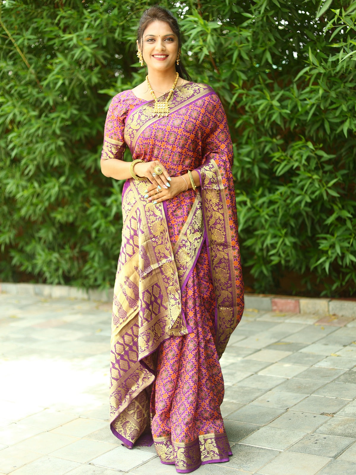 Beautiful Pink With Purple Ajrakh Zari Weaving Saree