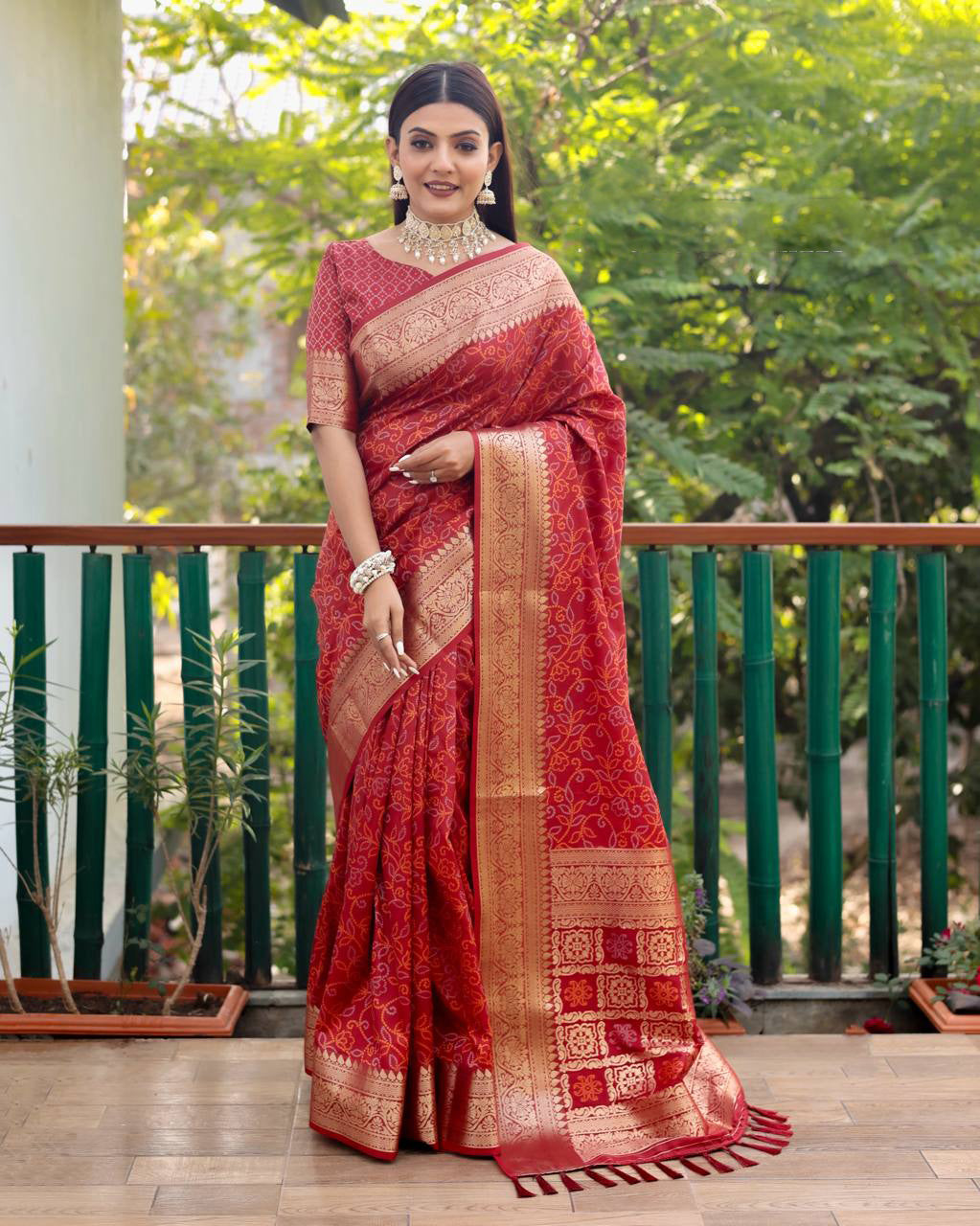 Bandhej Designed Zari Patola Weaving Red Saree
