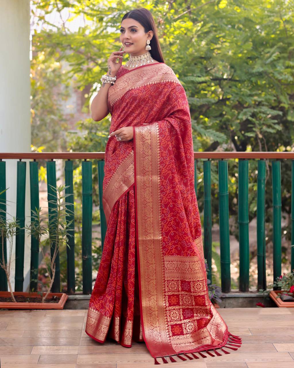 Bandhej Designed Zari Patola Weaving Red Saree