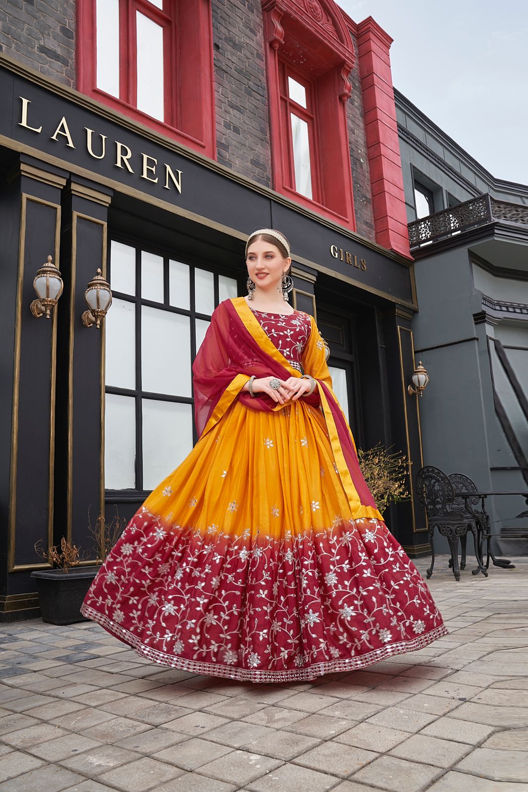 Red And Mustard Color Sequence Work Chinon Gown