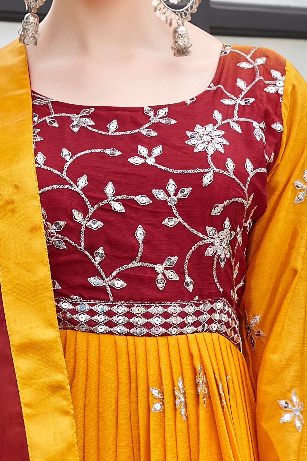 Red And Mustard Color Sequence Work Chinon Gown
