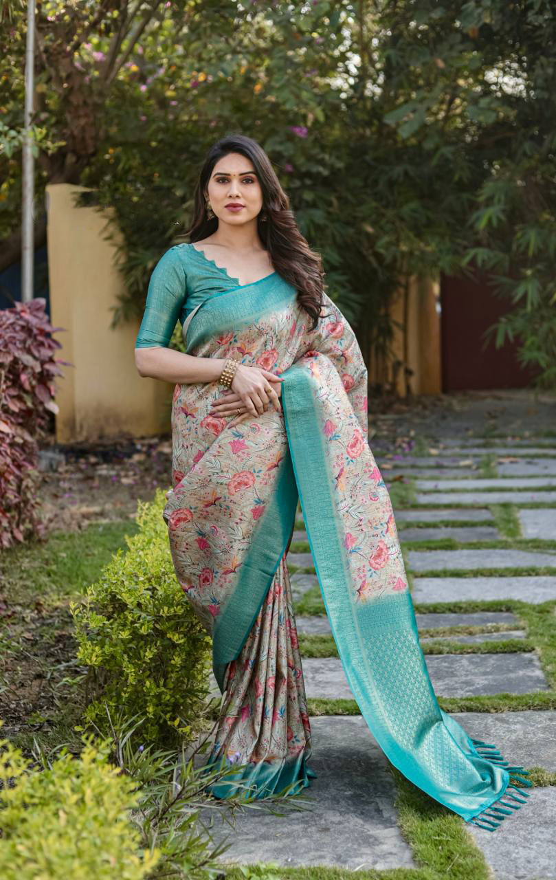 Rich Golden Weaving Print Sky Blue Color Banarasi Saree