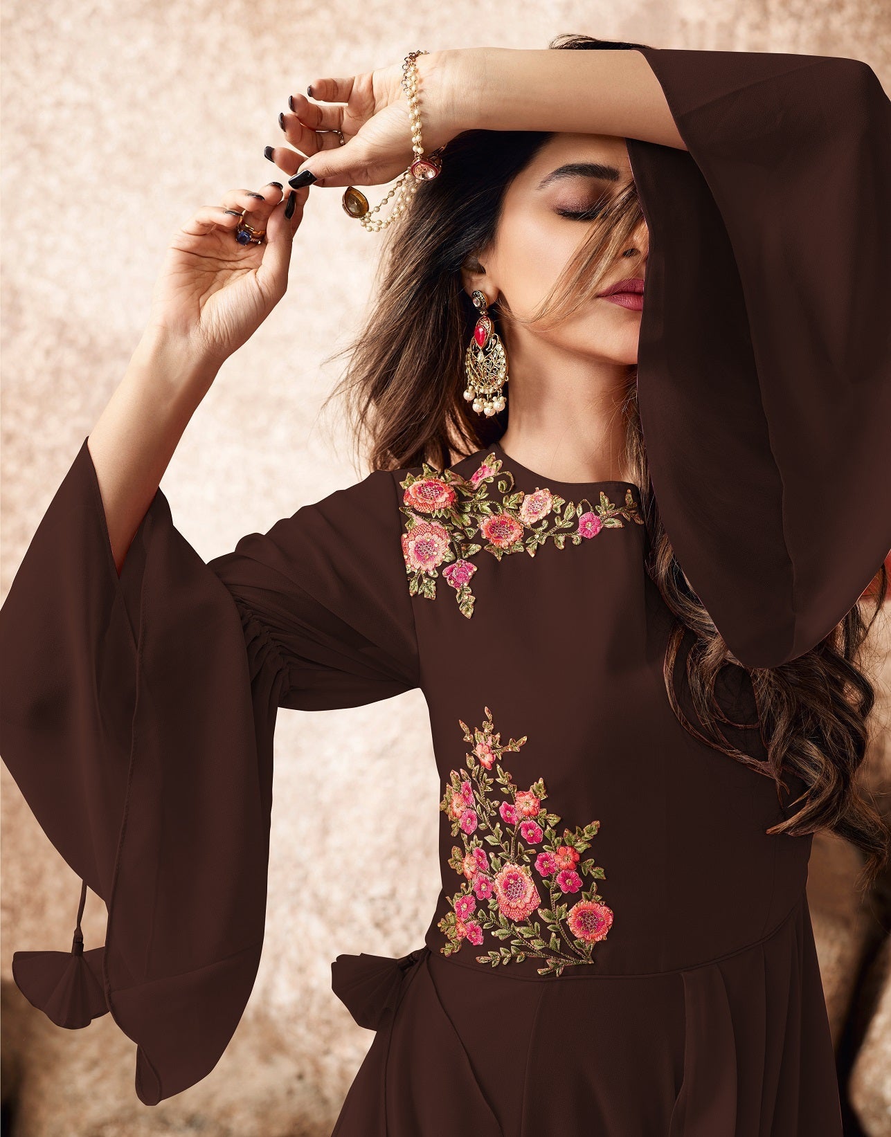 Brown Color Embroidered Work Georgette Gown