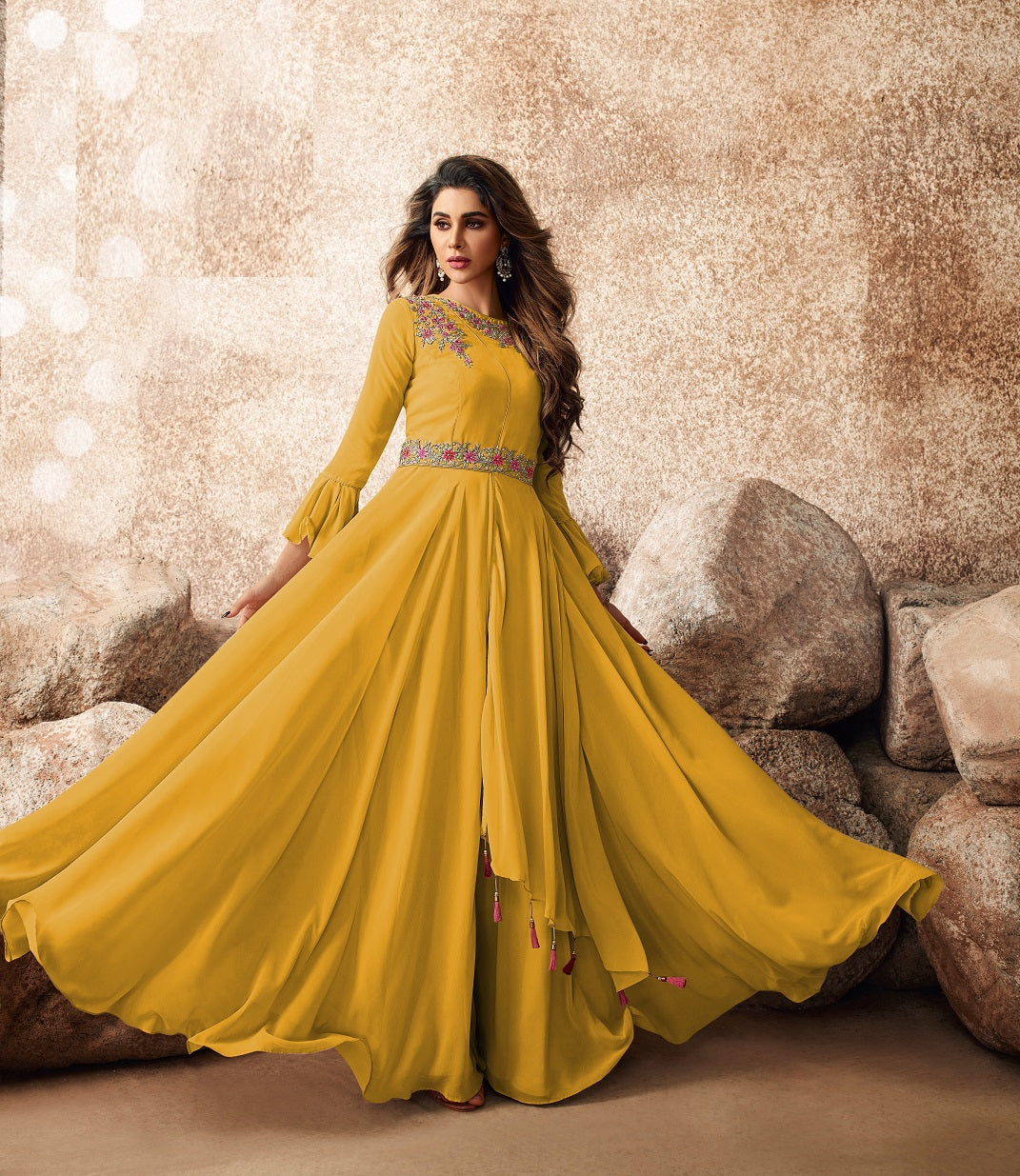 Bell Sleeve Mustard Color Embroidered Work Georgette Gown