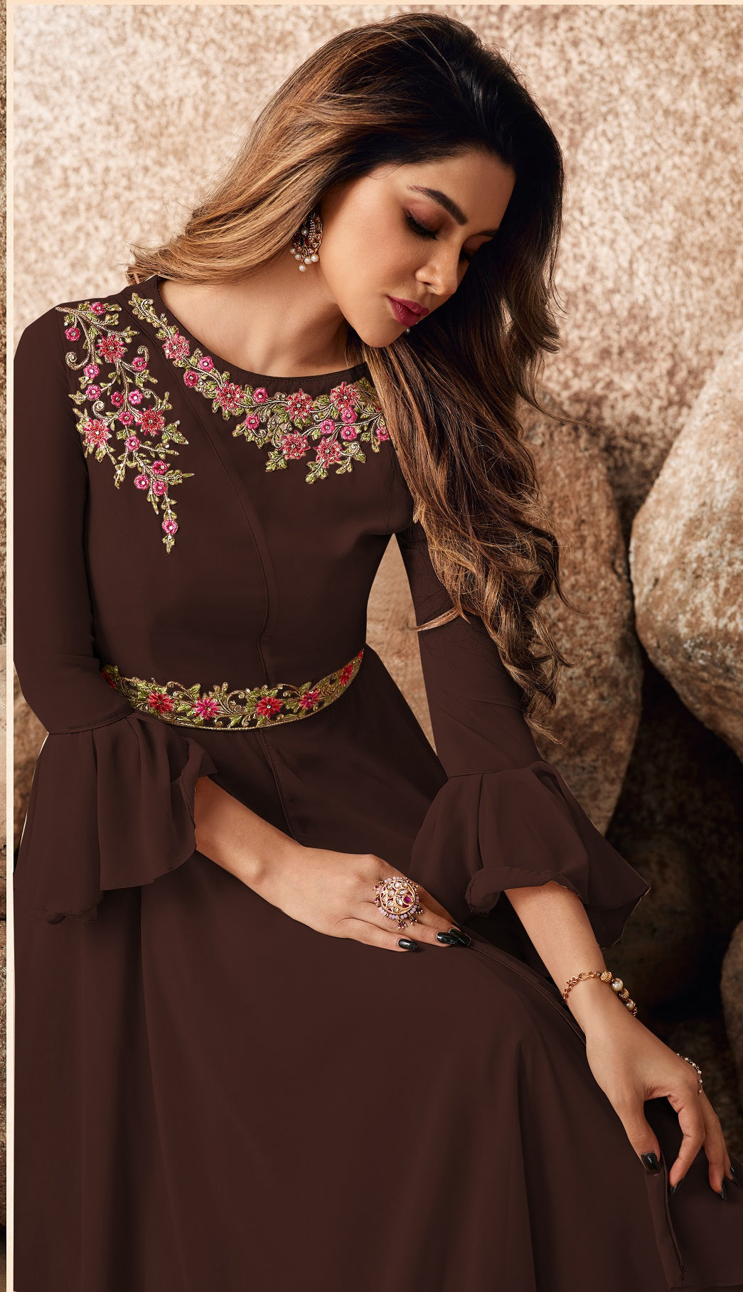 Bell Sleeve Brown Color Embroidered Work Georgette Gown