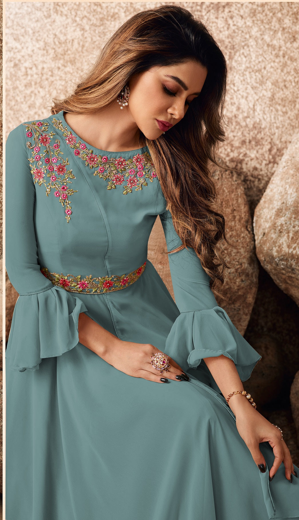 Bell Sleeve Blue Color Embroidered Work Georgette Gown