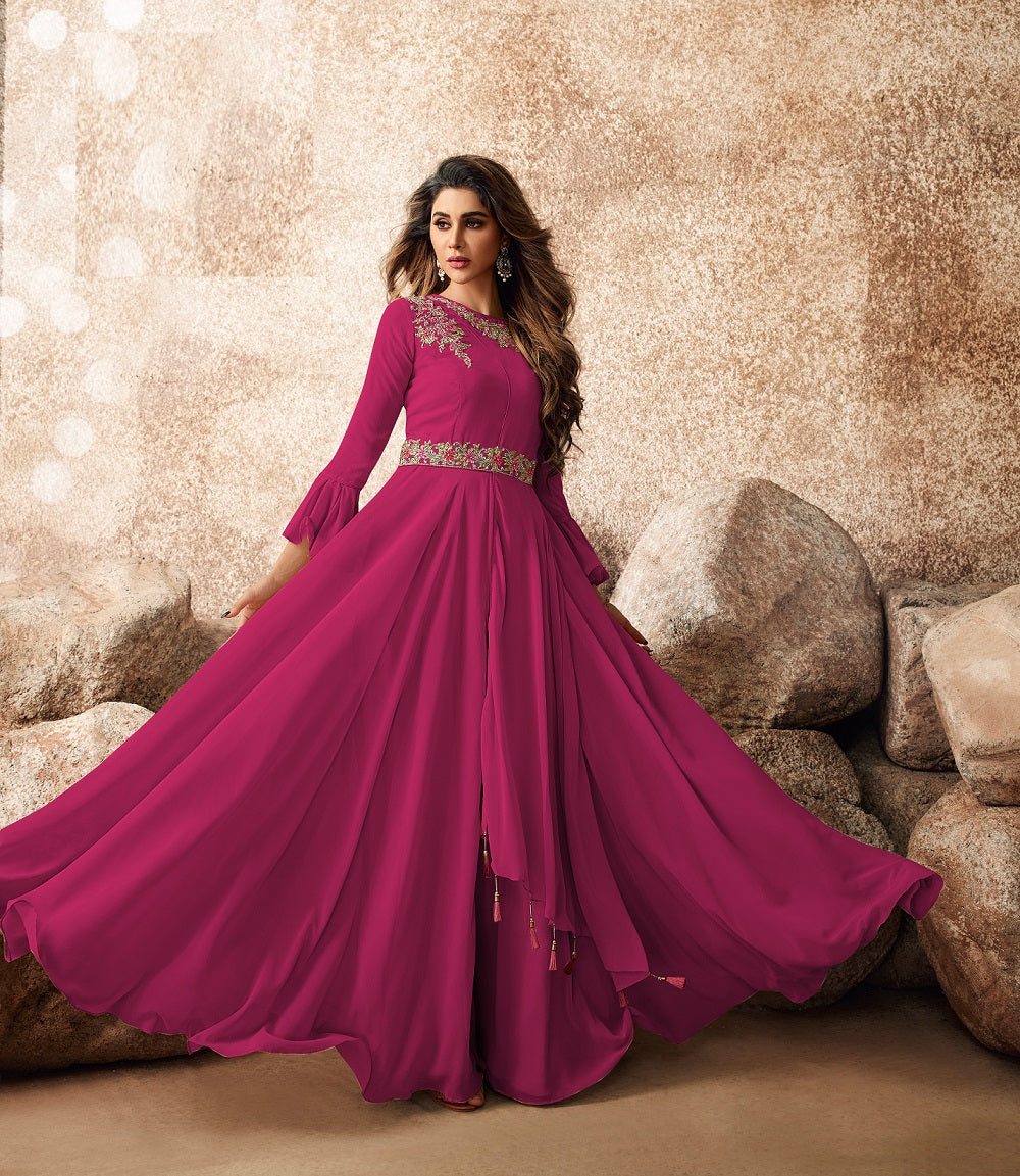 Bell Sleeve Wine Color Embroidered Work Georgette Gown