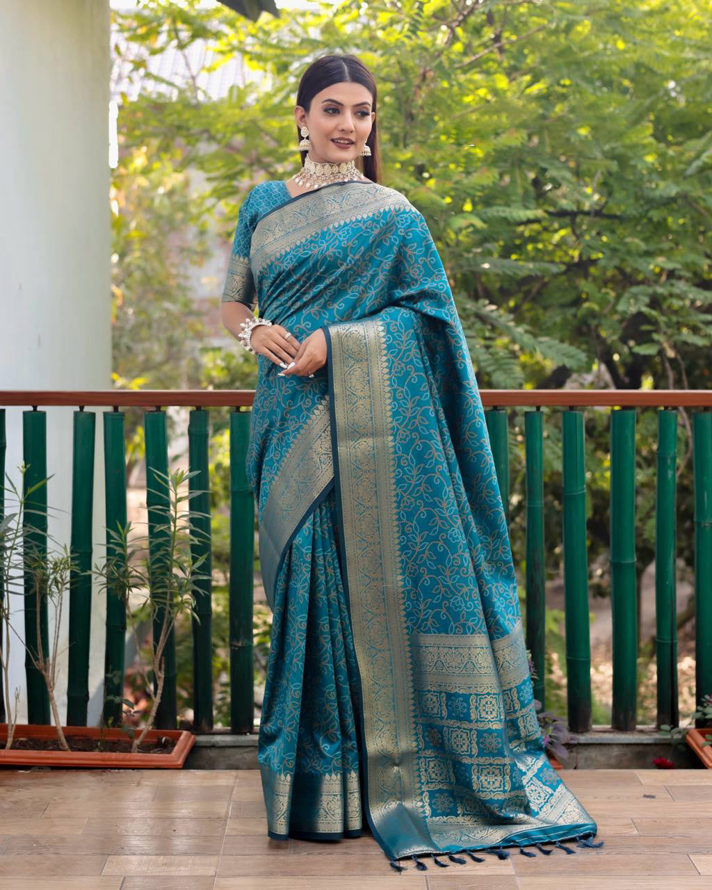 Bandhej Designed Zari Patola Weaving Teal Blue Saree