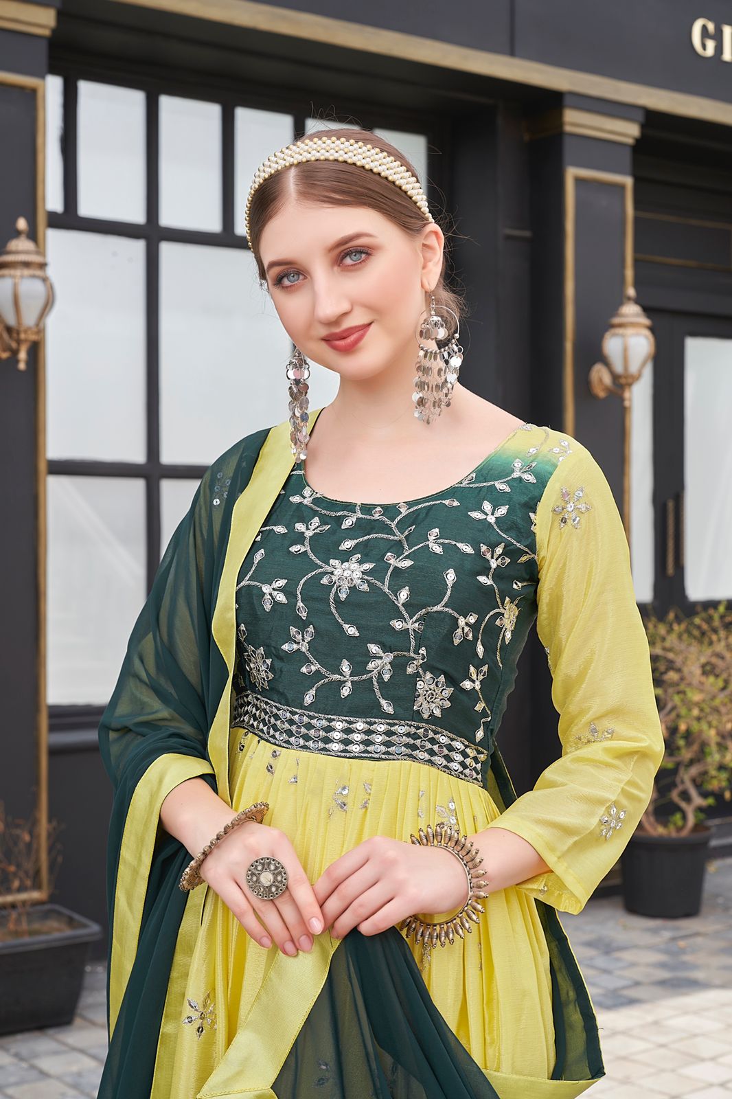 Yellow And Green Color Sequence Work Chinon Gown